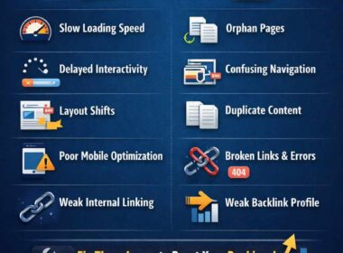 Infographic showing 10 technical SEO issues hurting website traffic including slow speed, Core Web Vitals problems, broken links, and duplicate content.