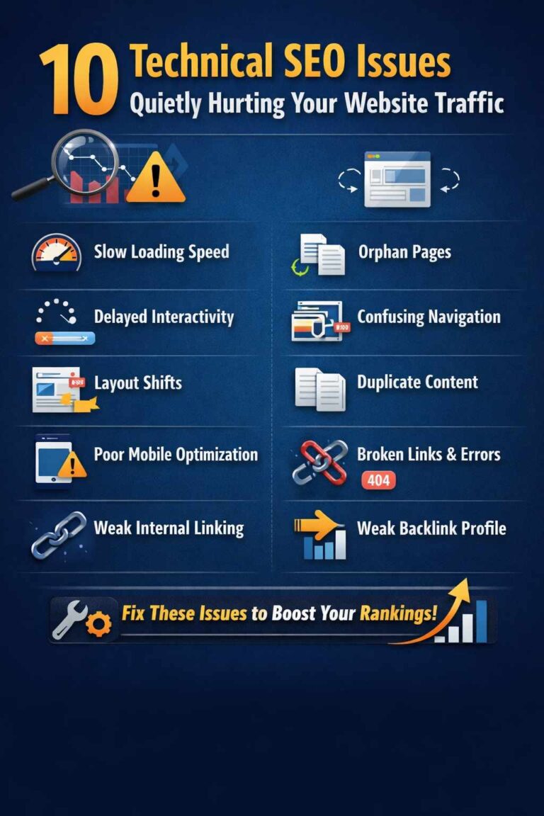 Infographic showing 10 technical SEO issues hurting website traffic including slow speed, Core Web Vitals problems, broken links, and duplicate content.