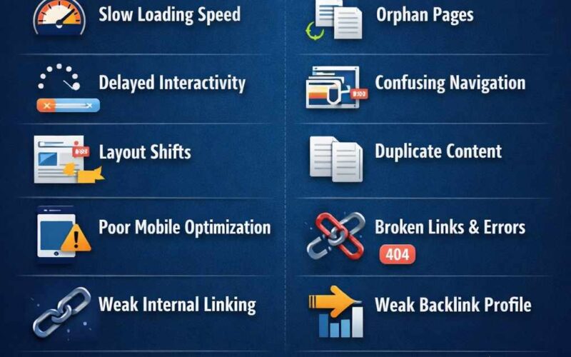 Infographic showing 10 technical SEO issues hurting website traffic including slow speed, Core Web Vitals problems, broken links, and duplicate content.